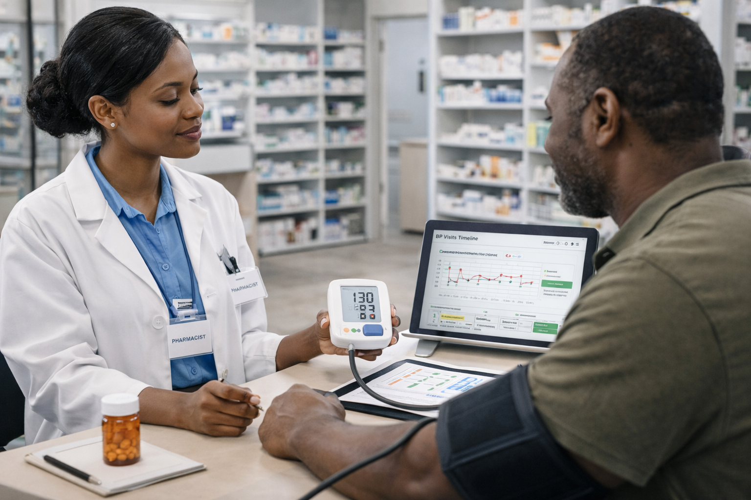 Pharmacy blood pressure checks with continuity tracking